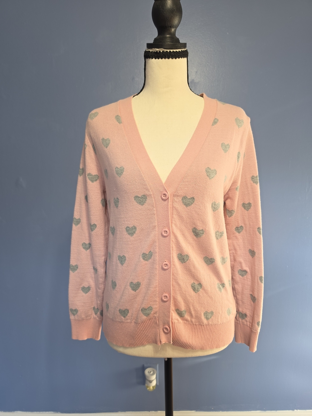 POL Pink V-Neck Heart-Print Button Cardigan